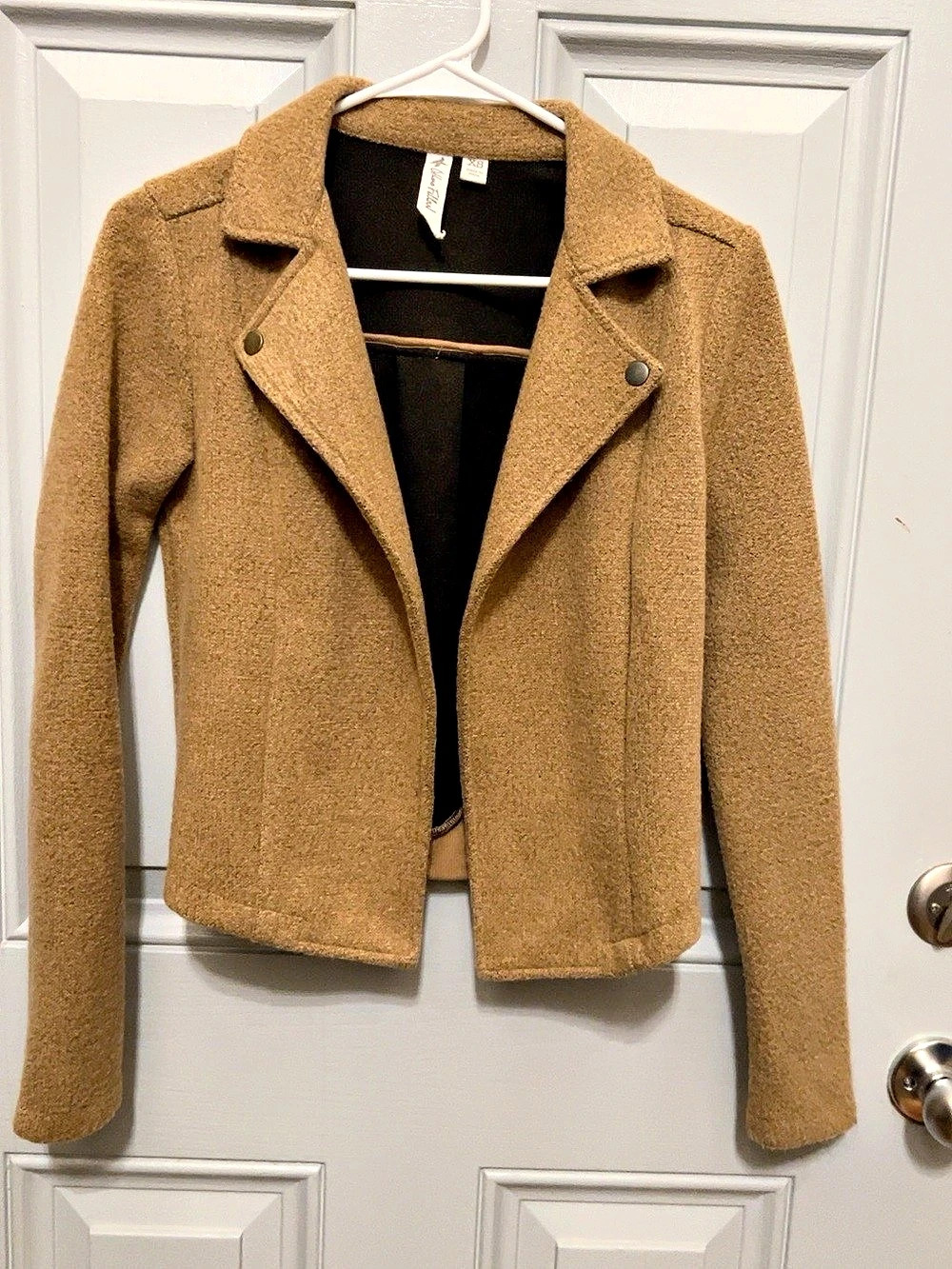 Others Follow Women XS Camel Textured Open Front Biker Moto Jacket Cropped